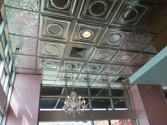 Attractive modern development with many cafes with outdoor seating.