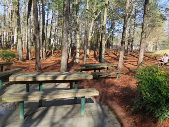 Wonderful playground with dragon on little hills, many different play areas, winding paths, and landscaping.