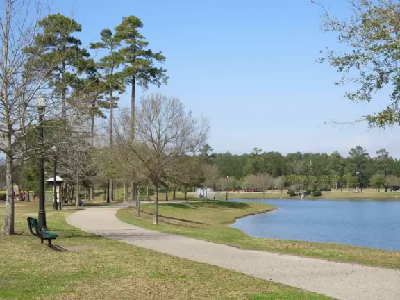 Amazing playground in a lovely park with a small lake.