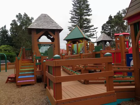 Amazing playground with everything a kid could want, plus gorgeous views of green hills.