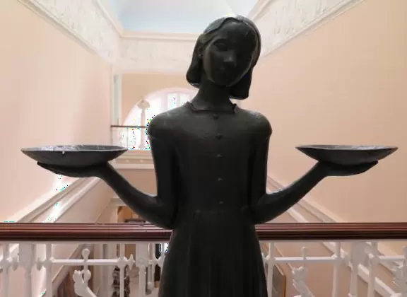 Incredible glass building with interesting activity stations for kids and modern art for parents.