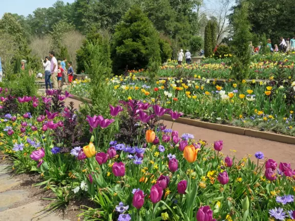 Large world-class garden with lakeside allees, flower terraces, and small Japanese garden.