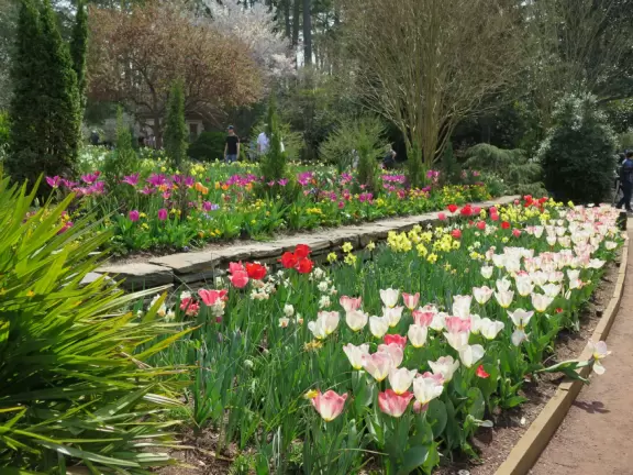 Large world-class garden with lakeside allees, flower terraces, and small Japanese garden.