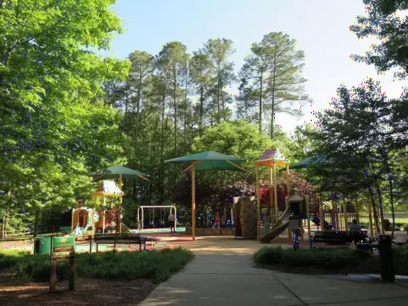Pretty park in the forest, with good play equipment.