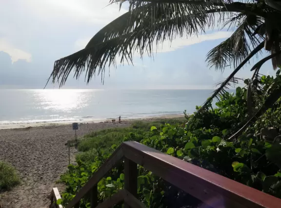 Wide-open beach with pale grey sand, shells on the shore, and aquamarine water, across from a playground, turtle center, and hike.