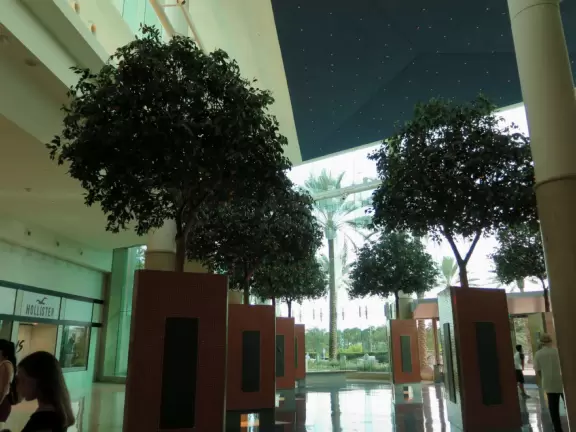 Impressive indoor mall with fountains and curved TV screens.