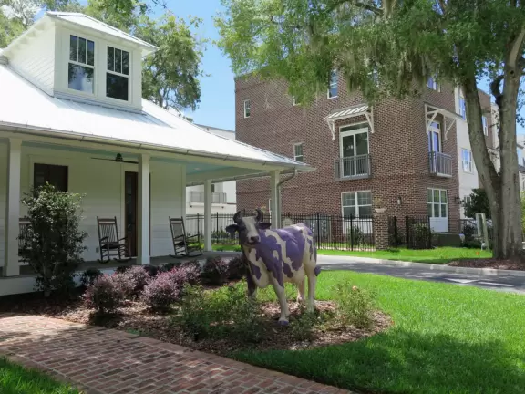 A cute main strip with restaurants, a bike path, and a splash pad.