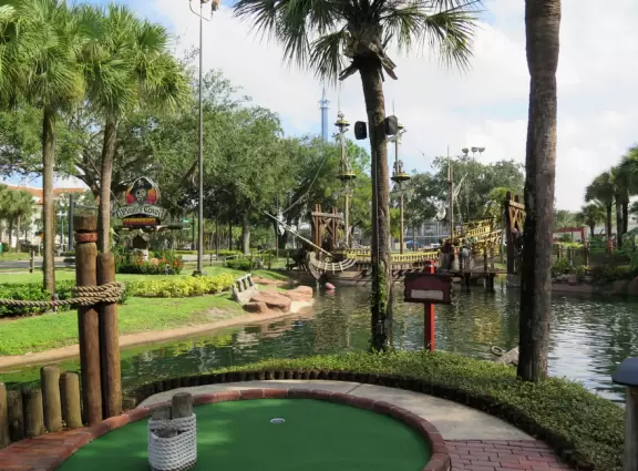 Beautiful mini golf with waterfalls, caves, pirate ship, tropical landscaping, and lots of shade.