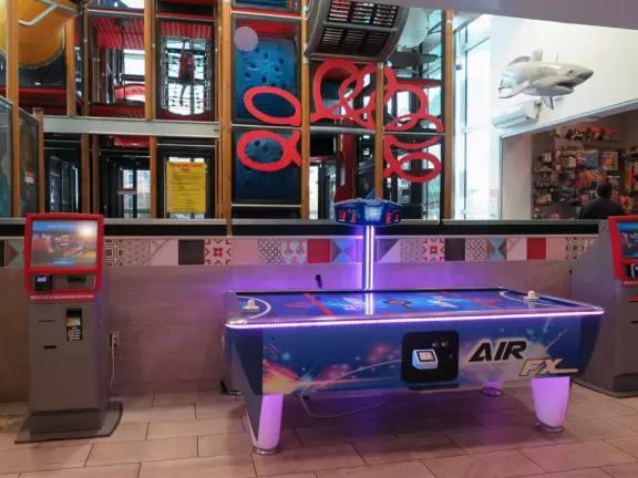 Spiffy McDonald's with artistic decor, large playplace, and video game arcade!