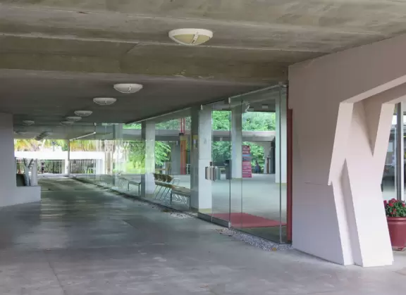 Private university with raised views over a lake, and Frank Lloyd Wright architecture.