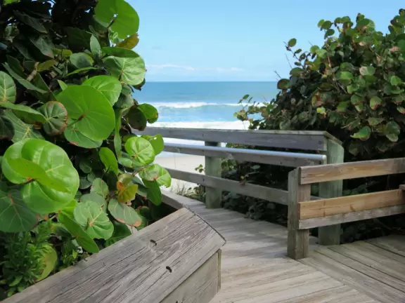 Blue-green water, rough surf, and a wooden boardwalk for shade.