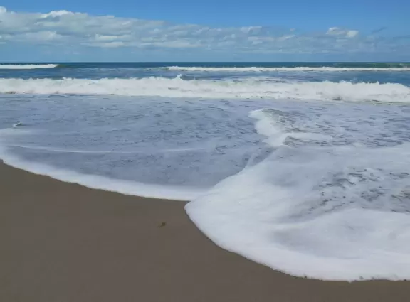 Blue-green water, rough surf, and a wooden boardwalk for shade.