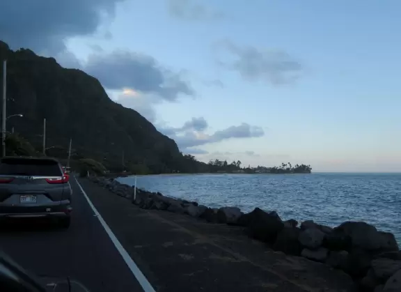 A winding road past pretty beaches, ending in La'ie (Laie), site of the Mormon temple.