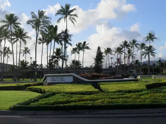 A nice walk past palms, flowers, and mountains on the Brigham Young University campus in La'ie (Laie).