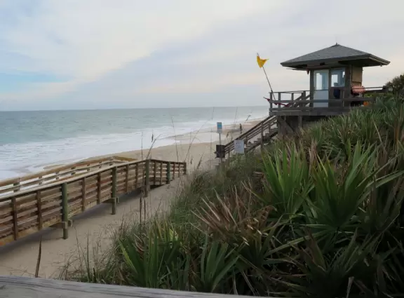 Beautiful beach park with tropical trees, playground, shells, lifeguard and rough surf.