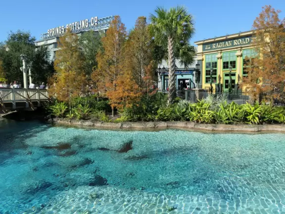 Waterfront area with restaurants, live street performers, entertainment, toy stores, and carousel.