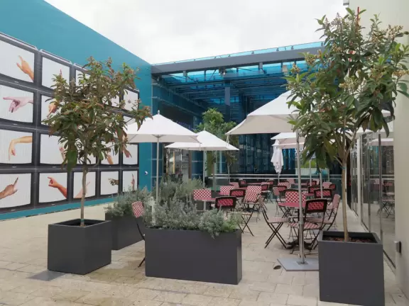 Beautiful architecture, sculptures, modern art museum, designer stores, play equipment, and public market with swings.