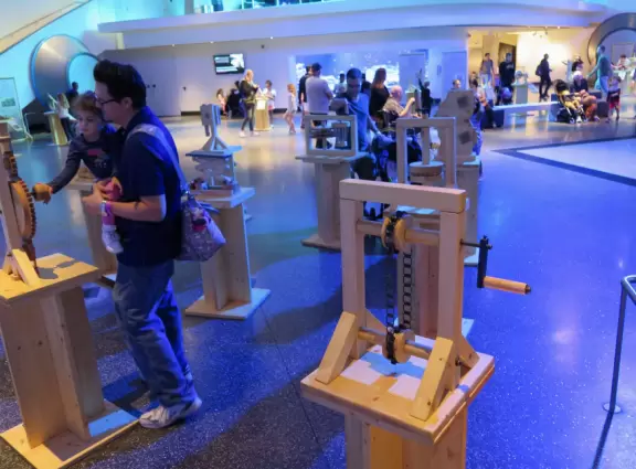 Amazing science center with aquarium, engineering lab, mirror maze, health displays, flight room, and gorgeous architecture and views.