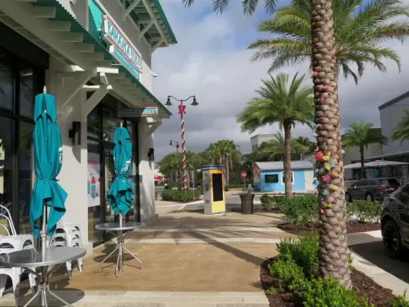 Shopping area with cafes including a great French cafe with chocolate croissants.