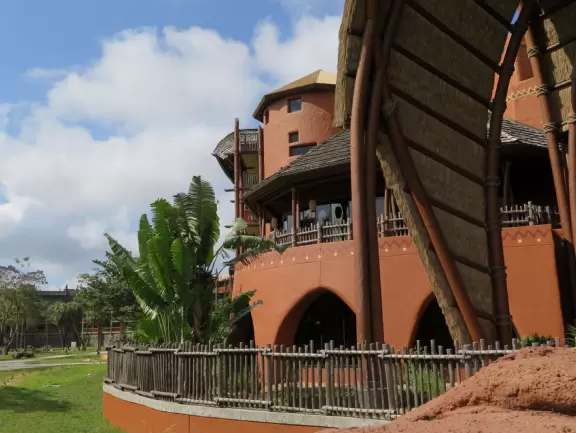 Theme park hotel with African music, tropical plants, African furniture and decorations, African items on display, and animals roaming outside the windows and outdoor viewing areas!
