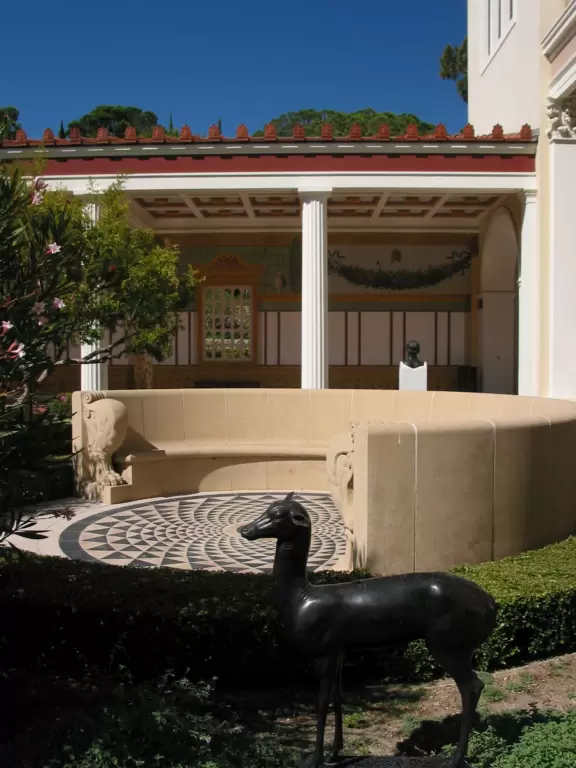 Museum on Pacific Palisades hillside filled with ancient Greek and Roman treasures and luscious archtecture.