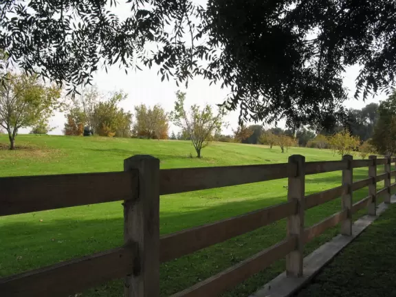 A huge wonderful park with a new playground that is out of this world, a lake with paddle boats, and plenty of trees and grass.