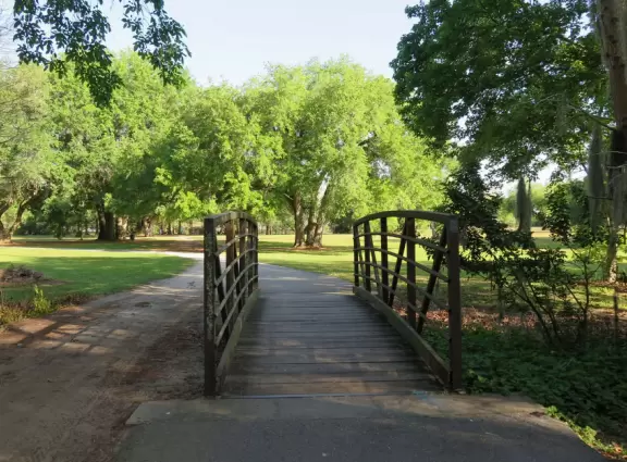 Paved walking path near lake and winding through jungly forest, incredible playground, but lots of mosquitoes.
