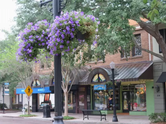 Gorgeous main street with large, European-style park where people sit on the grass by the fountain.