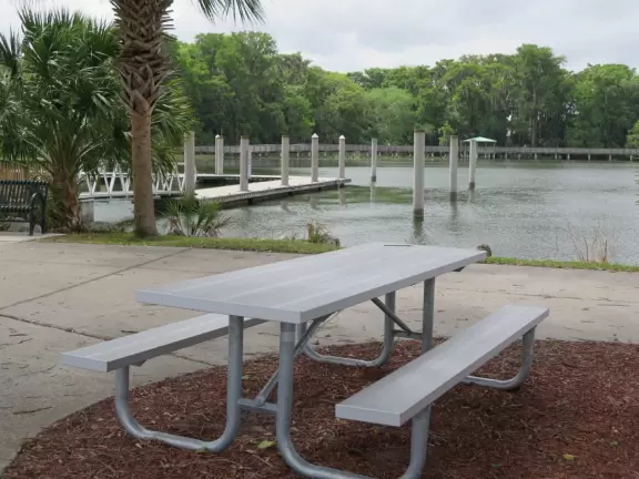 Lovely land jutting out on Lake Dora, with a lighthouse and walking paths.