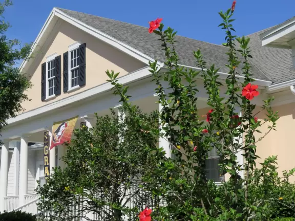 Walk past lake with cypress trees, and down three culdesacs with mansions.