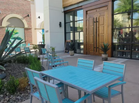 Shopping area with cafes including a great French cafe with chocolate croissants.