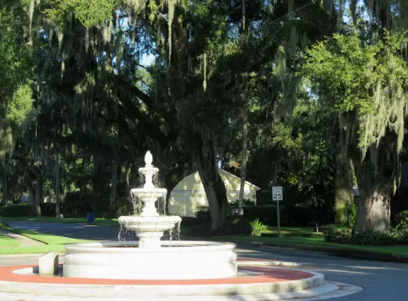 Lovely walk under huge oaks with tropical vines, past docks and lake views.