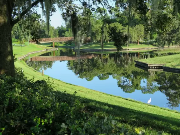 Sometimes shady path past forest and wildflowers between Disney Springs and Old Key West Resort.