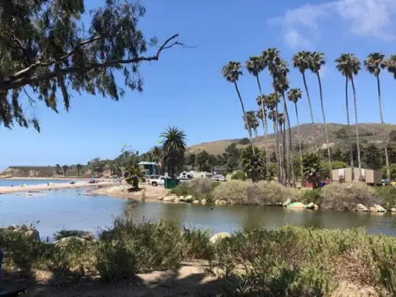 Palm-lined beach with a nice headland and tidepools.