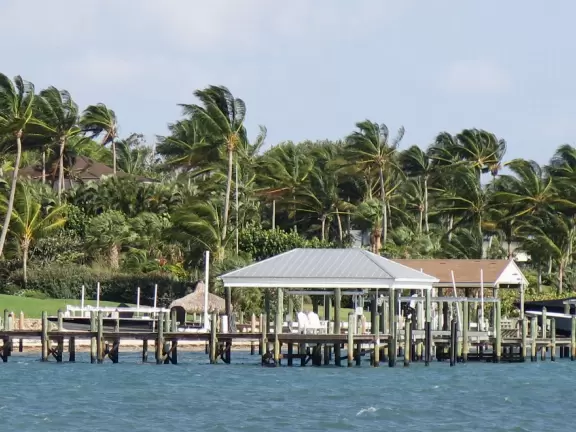 Waterfront park with amazing colors in the water- views of an island and blue-green sandbars. Plenty of benches and docks, and a playground.