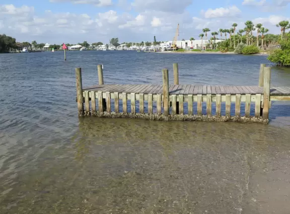 Waterfront park with amazing colors in the water- views of an island and blue-green sandbars. Plenty of benches and docks, and a playground.
