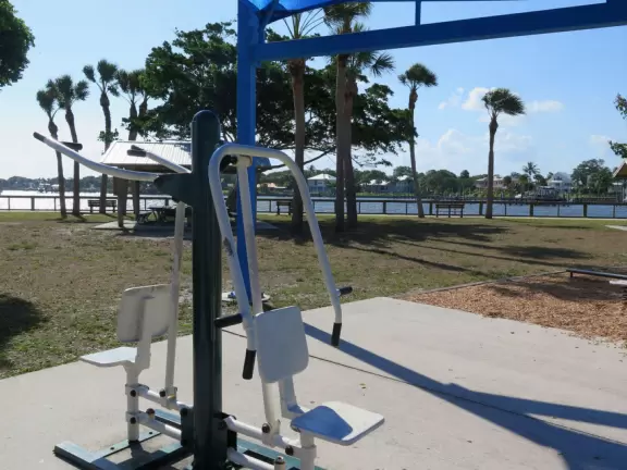 Waterfront park with amazing colors in the water- views of an island and blue-green sandbars. Plenty of benches and docks, and a playground.