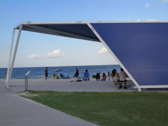 Amazing new development with gorgeous modern buildings, cafes, an incredible playground, and interesting lights at night.