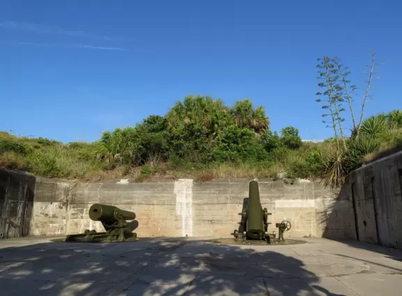 Beautiful beach, long pier, and mortar battery that used to defend the fort.