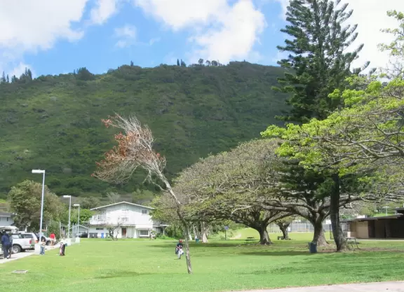 A beautiful park with playground, fields, trees and mountains all around.