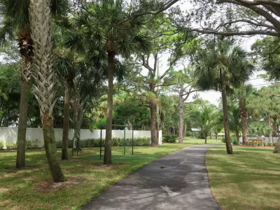 Tropical park with sky-high playground for older kids, toddler playground, fitness trail and stations, pale-lime gazebo, and spiffy basketball courts.
