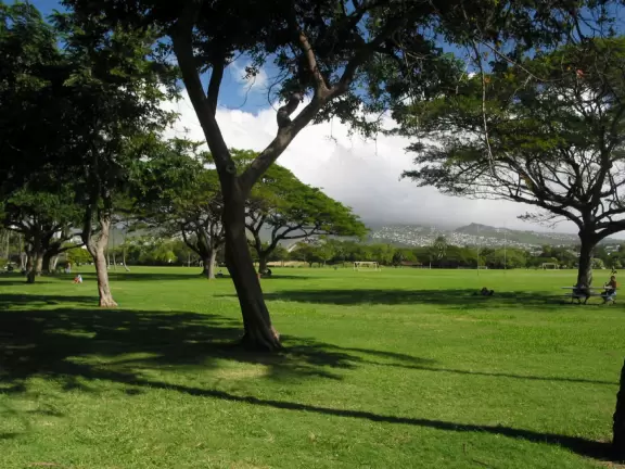 Huge park in Waikiki across from the beach where groups gather to play ball and fly kites.
