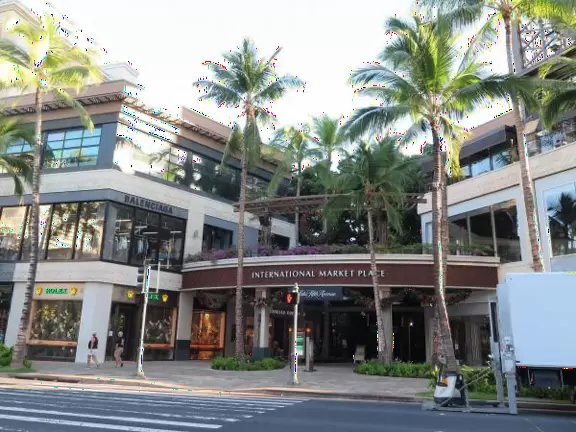 An outdoor mall under a huge banyan tree hung with lanterns. Beautiful flowers by a stream, rock-like seats kids love, and rain fountain.