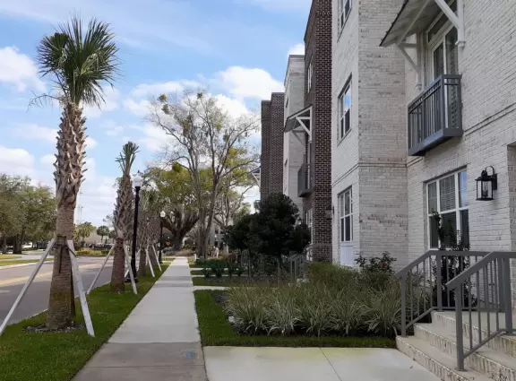 A cute main strip with restaurants, a bike path, and a splash pad.