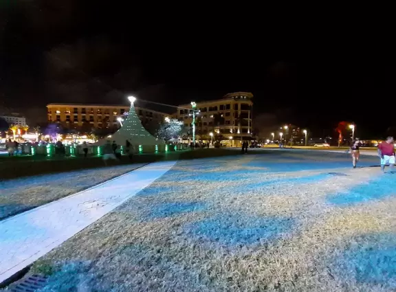 Wide walking path along the water with tropical flowers, piers, grand high rises, and palm trees- no shade though.
