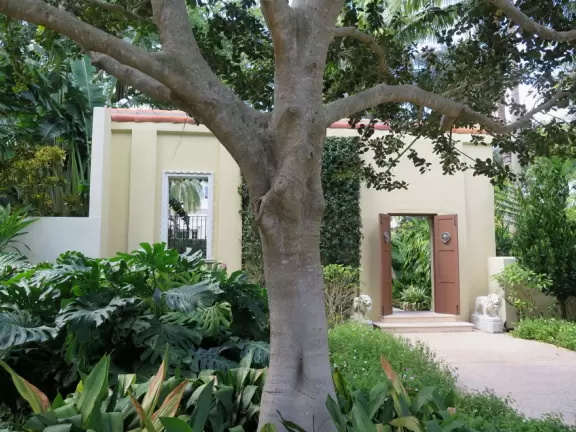 A tropical wonderland of palms, ferns, bromeliads, fountains, sculptures, rocks, ironwork gates, and pergolas, with the delightful scent of flowers filling the air.