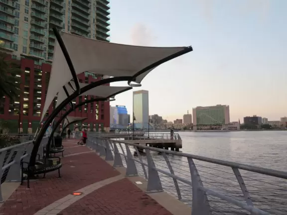 Gorgeous views of the blue bridge and wide waterway. See public art, and dolphins.
