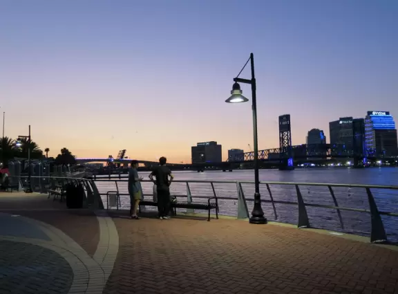 Gorgeous views of the blue bridge and wide waterway. See public art, and dolphins.