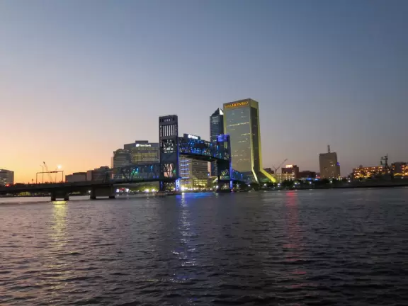 Gorgeous views of the blue bridge and wide waterway. See public art, and dolphins.
