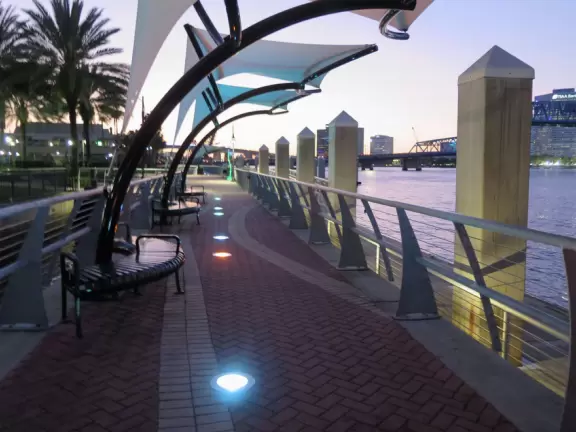 Gorgeous views of the blue bridge and wide waterway. See public art, and dolphins.